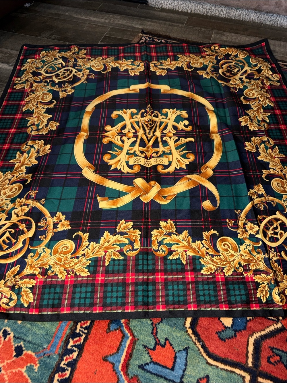 Vintage Baroque Tartan Plaid Square Scarf Gold Regal Crest Renaissance 100% Silk